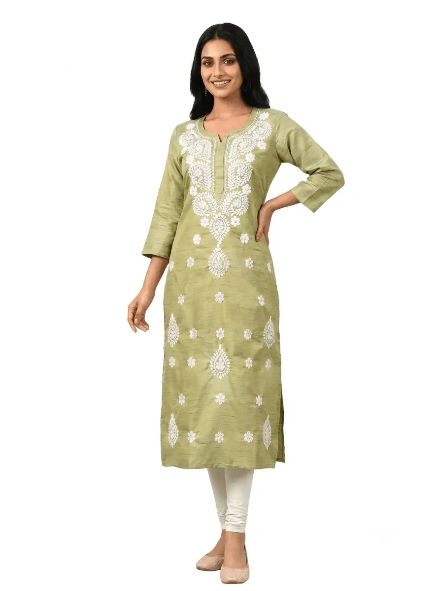 LCF Chikan Embroidered Kurti - Green