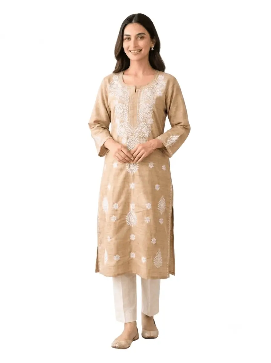 LCF Chikan Embroidered Kurti - Light Gold