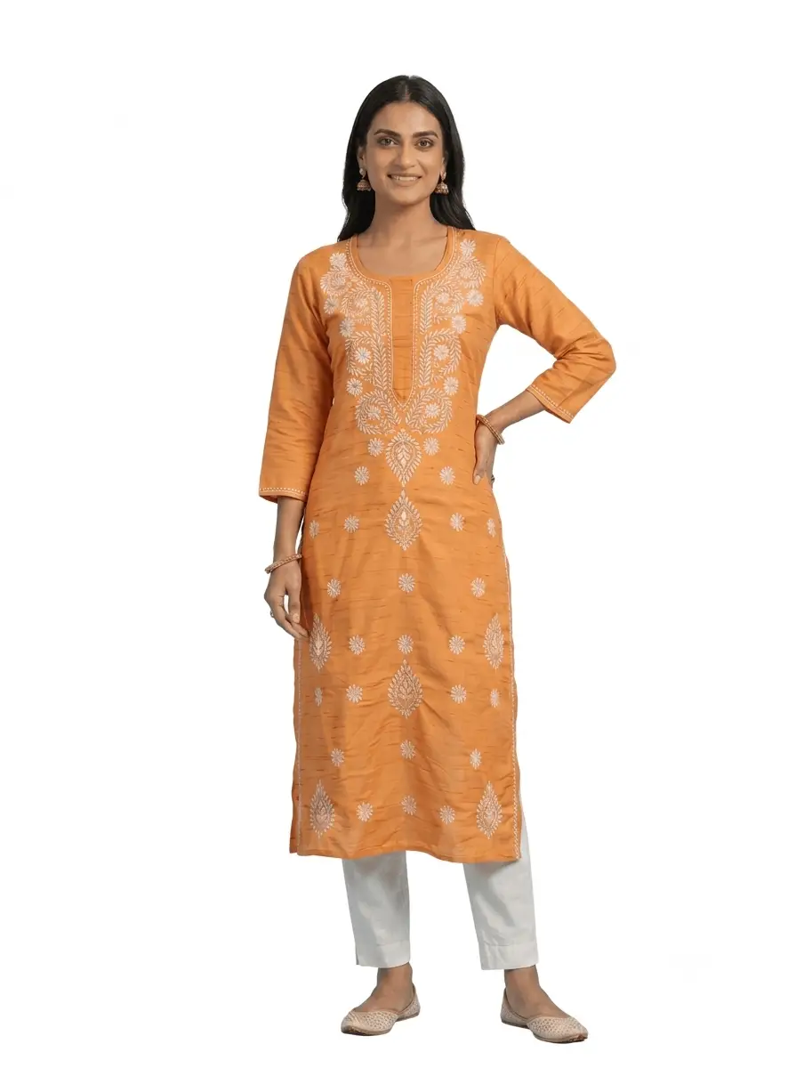 LCF Chikan Embroidered Kurti - Orange