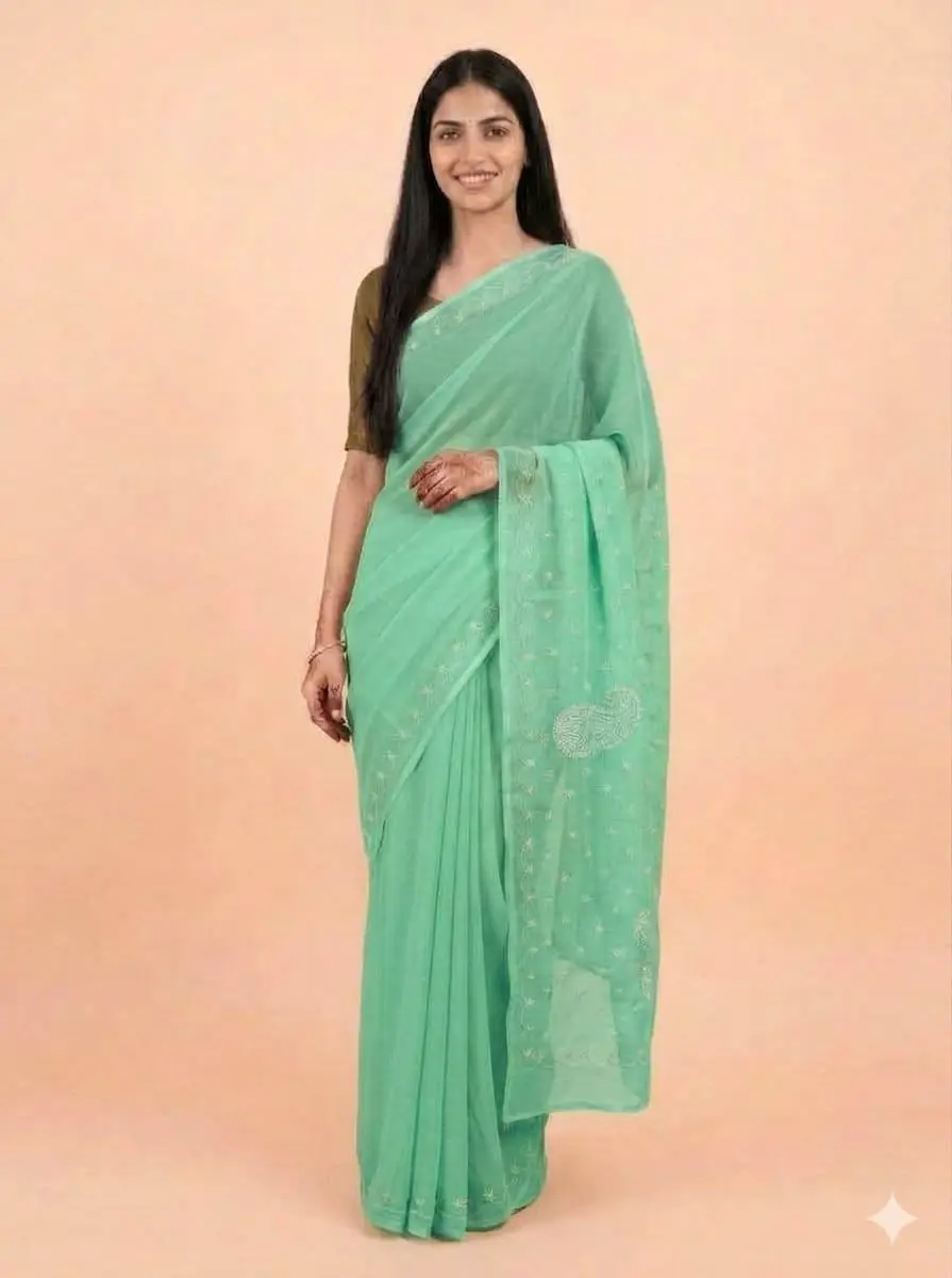 LCF Chikan Hand Embroidered Saree - Sea Green view 2