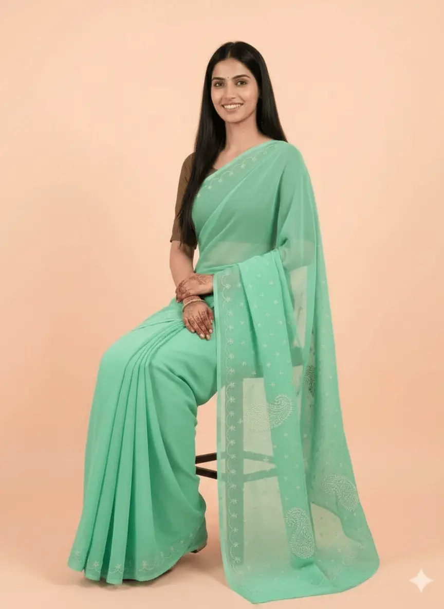 LCF Chikan Hand Embroidered Saree - Sea Green view 3