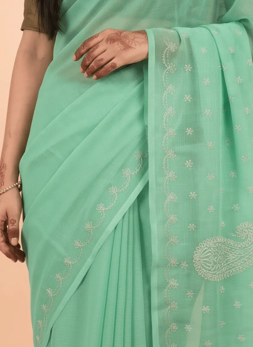 LCF Chikan Hand Embroidered Saree - Sea Green view 4