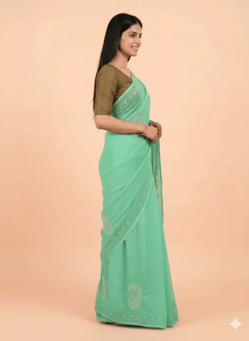 LCF Chikan Hand Embroidered Saree - Sea Green view 5