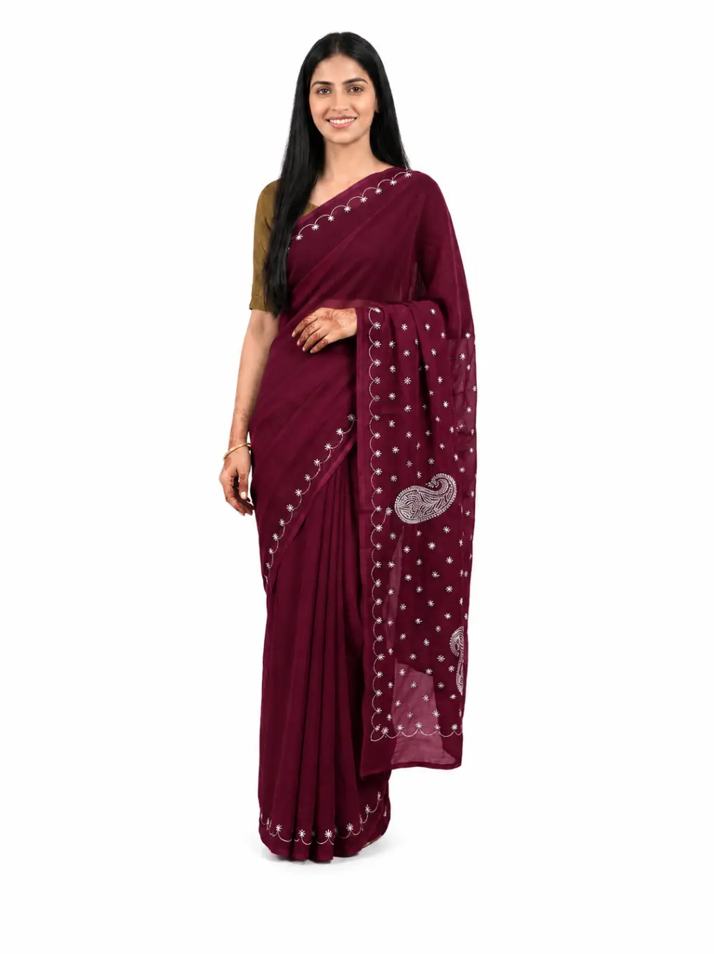LCF Chikan Hand Embroidered Saree - Maroon