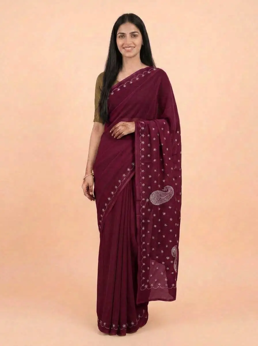 LCF Chikan Hand Embroidered Saree - Maroon view 2