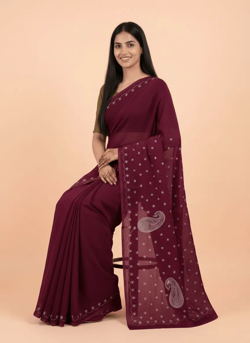 LCF Chikan Hand Embroidered Saree - Maroon view 3