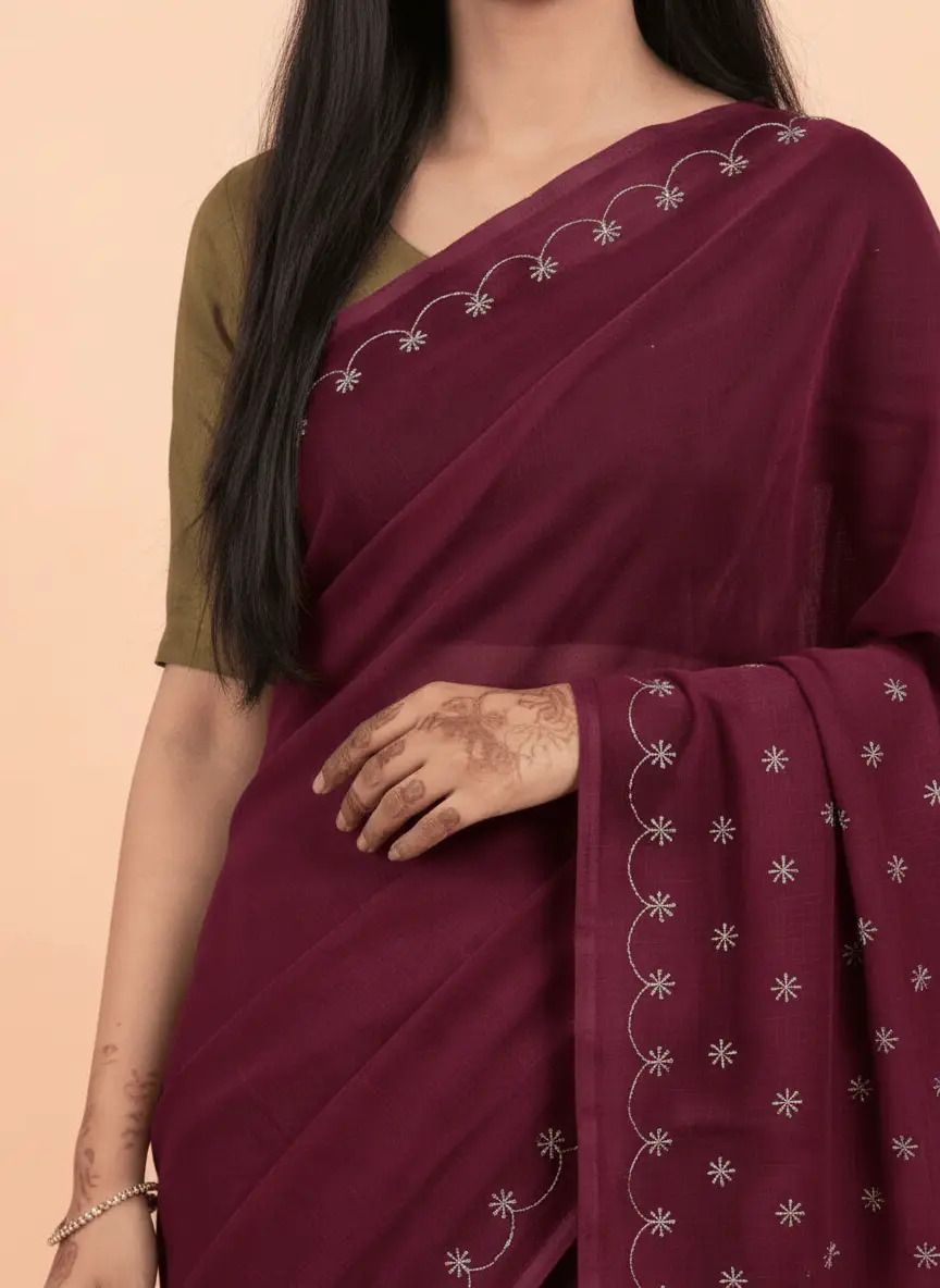LCF Chikan Hand Embroidered Saree - Maroon view 4