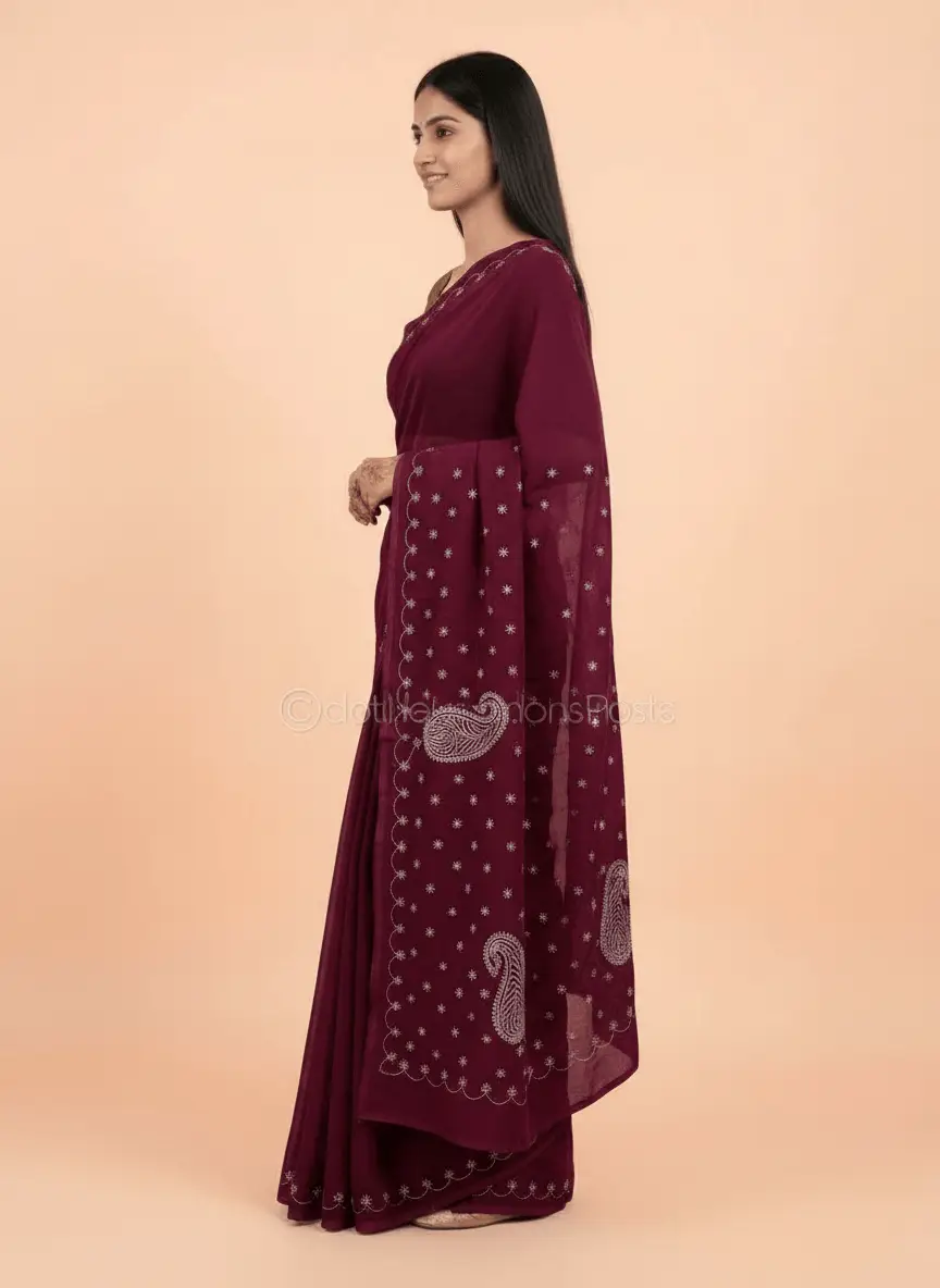 LCF Chikan Hand Embroidered Saree - Maroon view 5