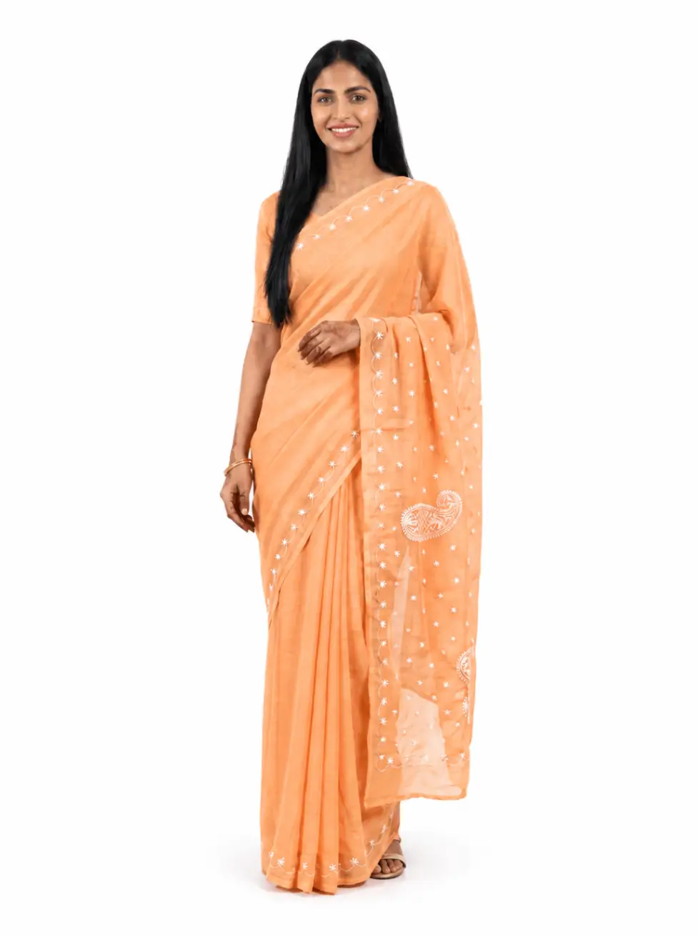 LCF Chikan Hand Embroidered Saree - Saffron