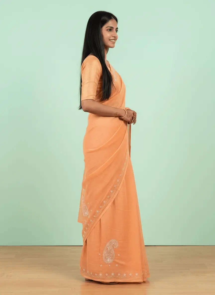 LCF Chikan Hand Embroidered Saree - Saffron view 2