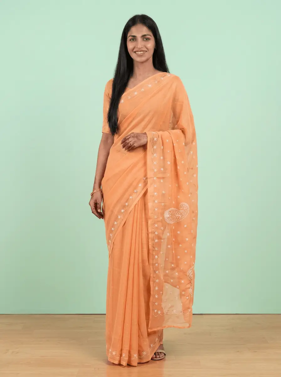 LCF Chikan Hand Embroidered Saree - Saffron view 3