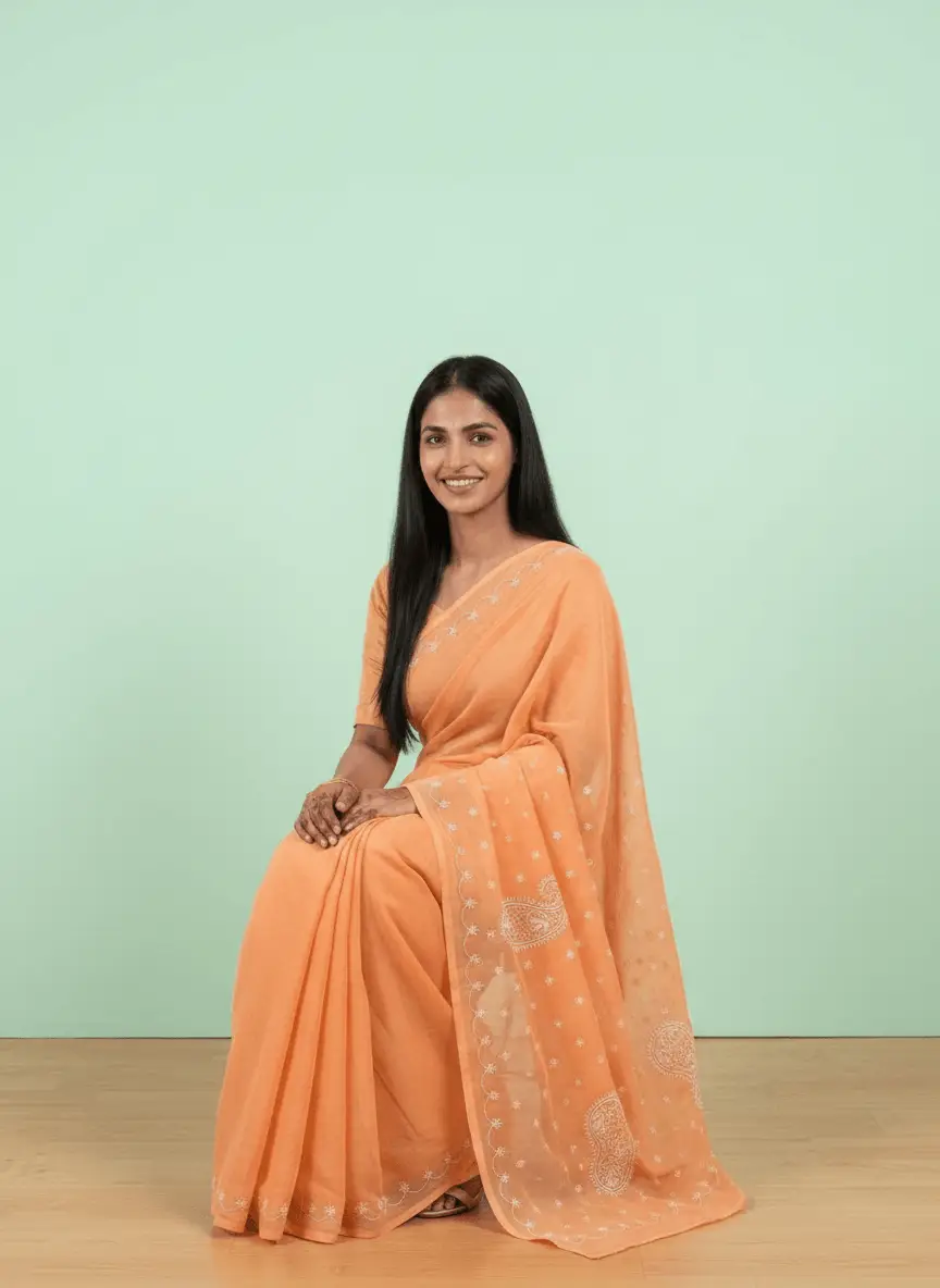 LCF Chikan Hand Embroidered Saree - Saffron view 4