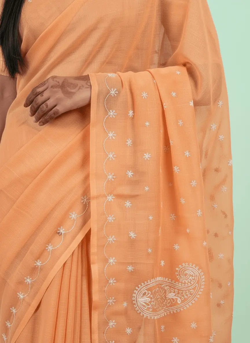 LCF Chikan Hand Embroidered Saree - Saffron view 5
