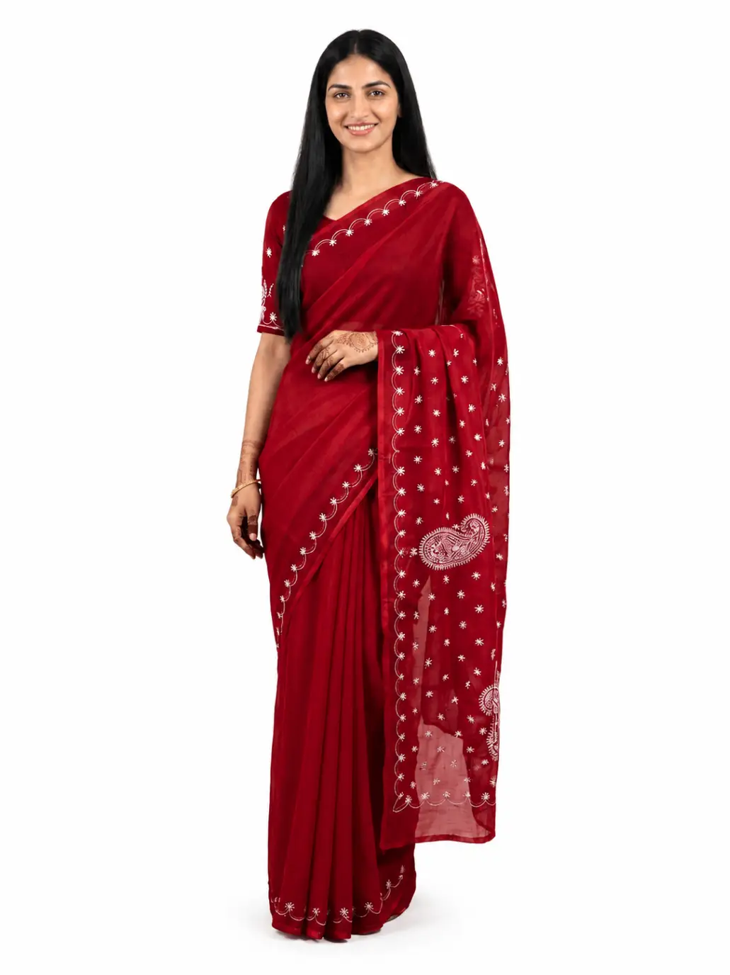 LCF Chikan Hand Embroidered Saree - Red