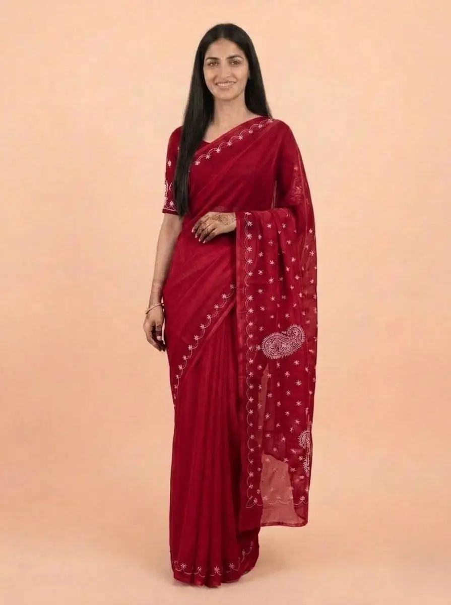 LCF Chikan Hand Embroidered Saree - Red view 2