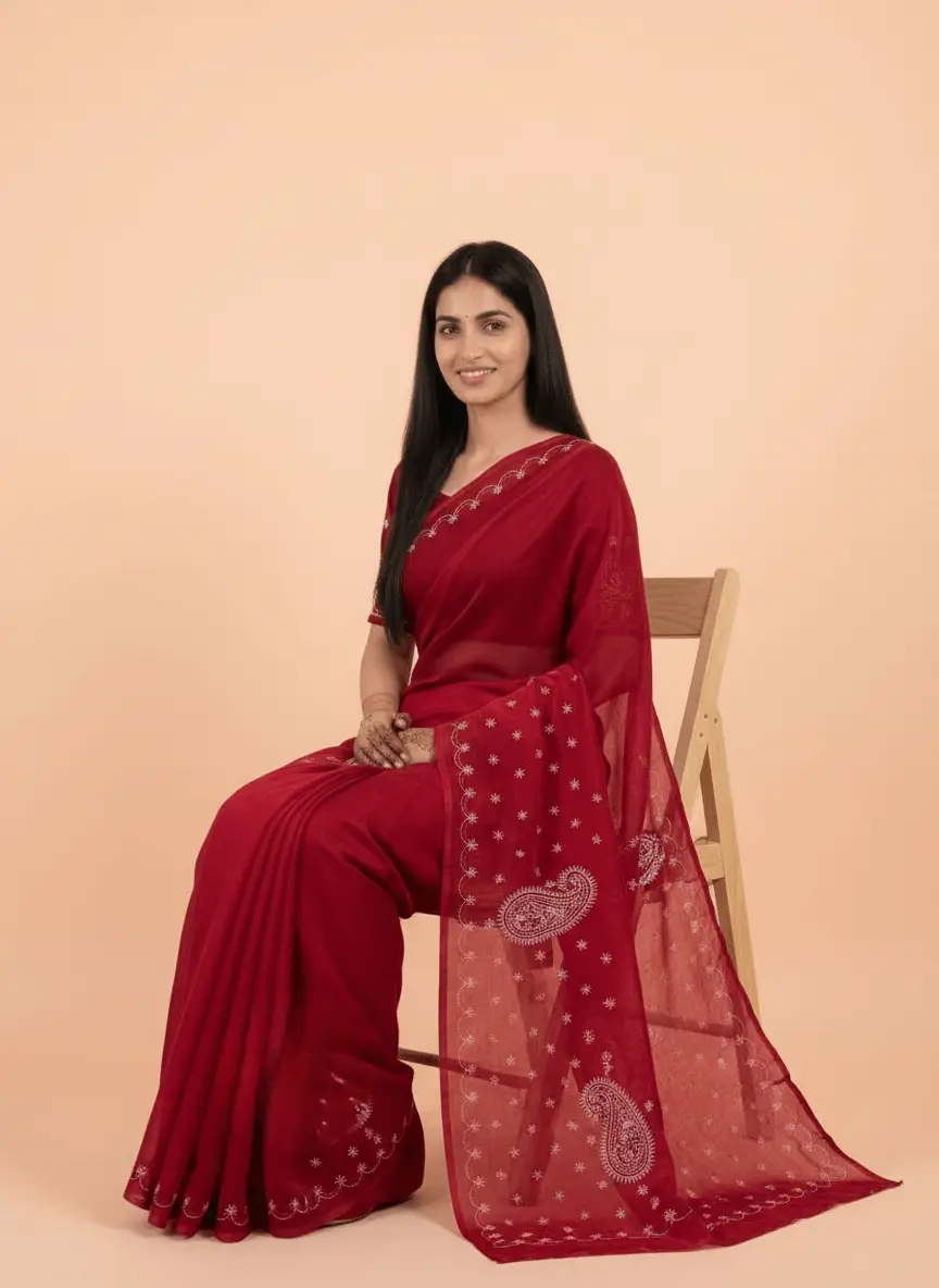 LCF Chikan Hand Embroidered Saree - Red view 3