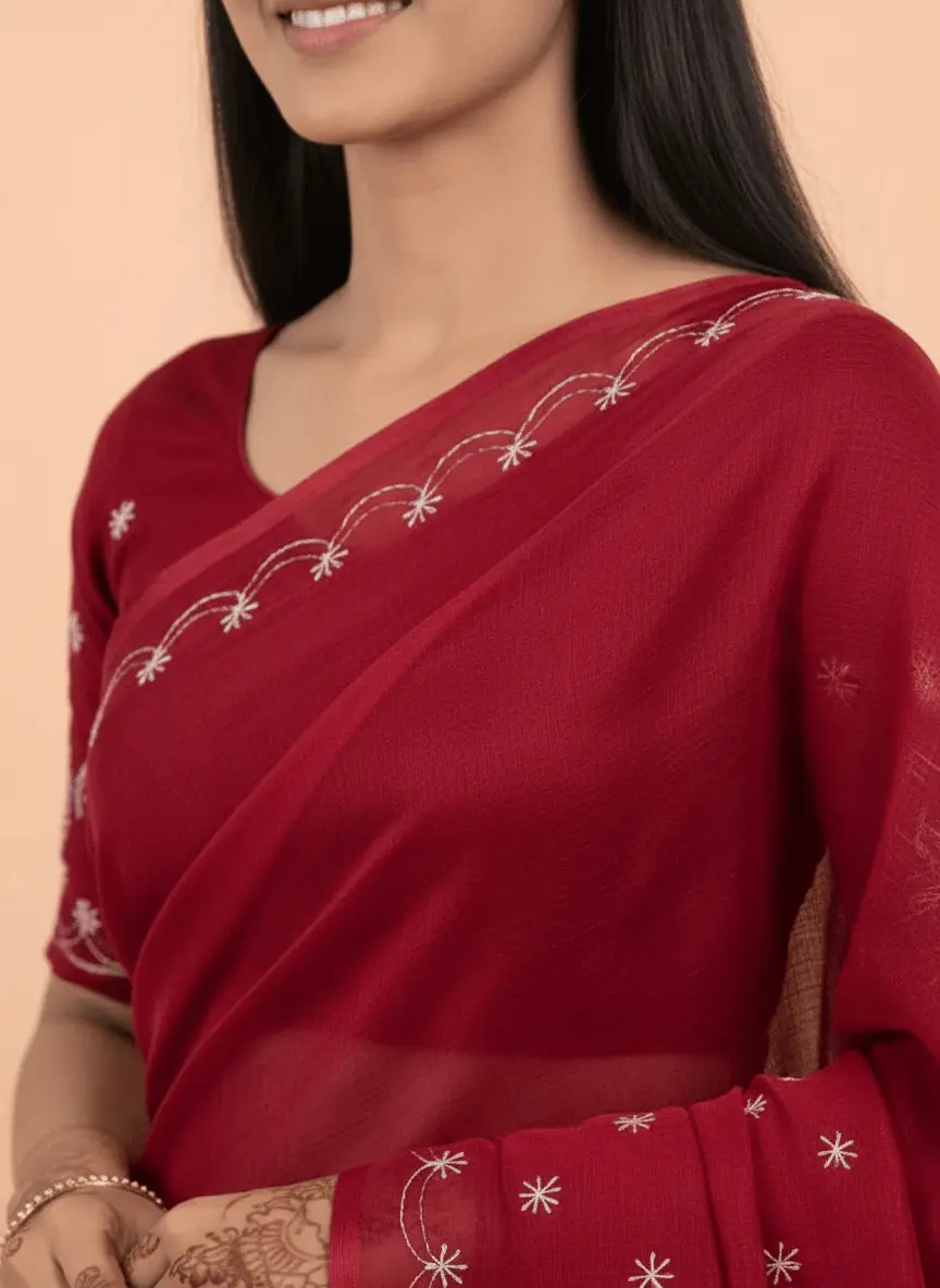 LCF Chikan Hand Embroidered Saree - Red view 4