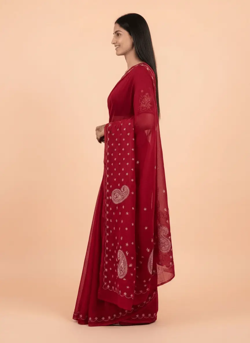 LCF Chikan Hand Embroidered Saree - Red view 5