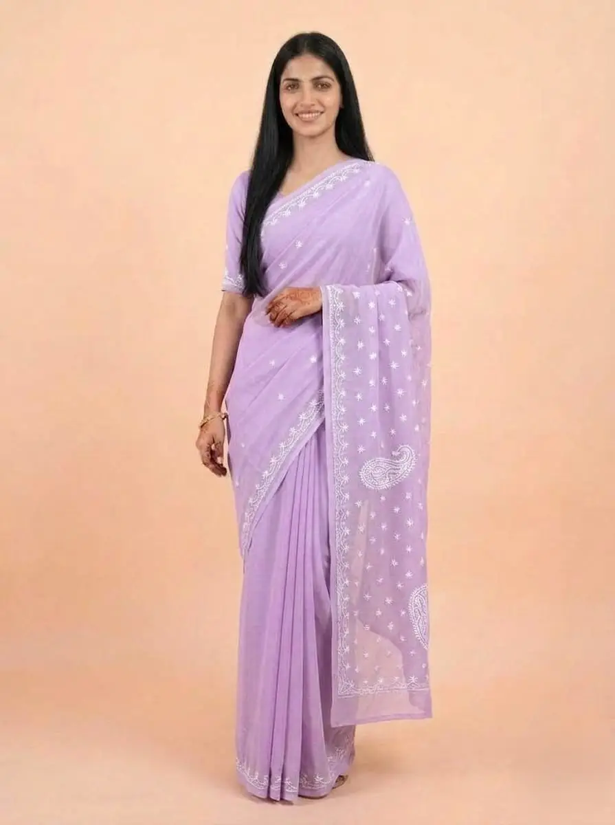LCF Chikan Hand Embroidered Saree - Purple view 2
