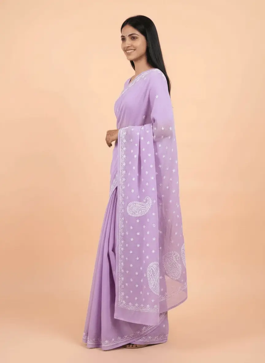 LCF Chikan Hand Embroidered Saree - Purple view 3