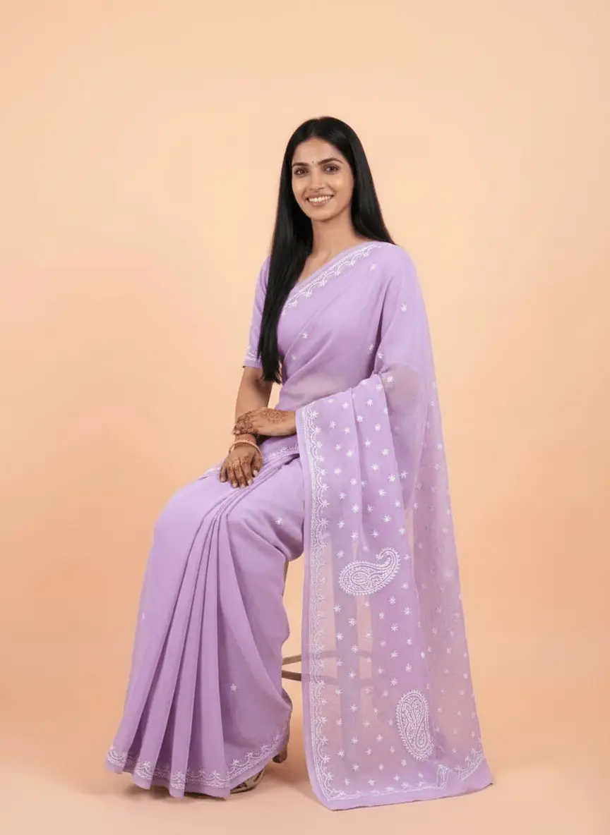 LCF Chikan Hand Embroidered Saree - Purple view 4