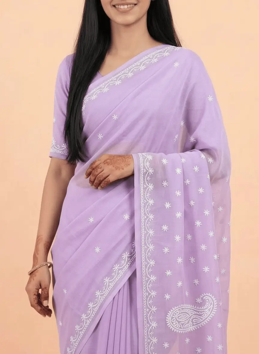 LCF Chikan Hand Embroidered Saree - Purple view 5