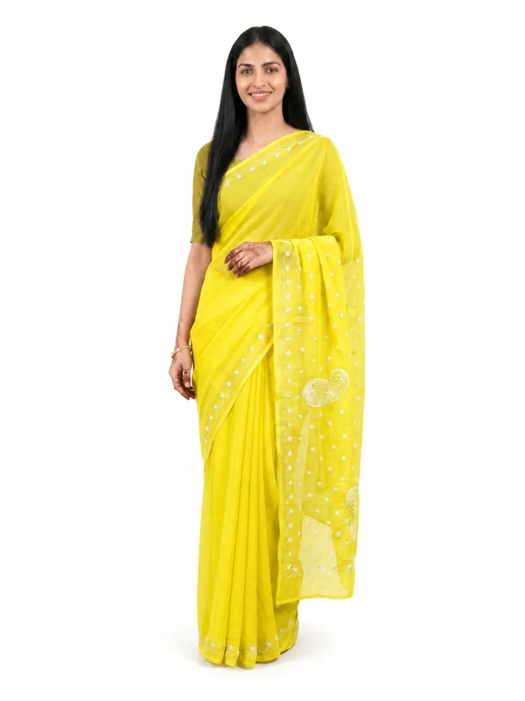 LCF Chikan Hand Embroidered Saree - Yellow