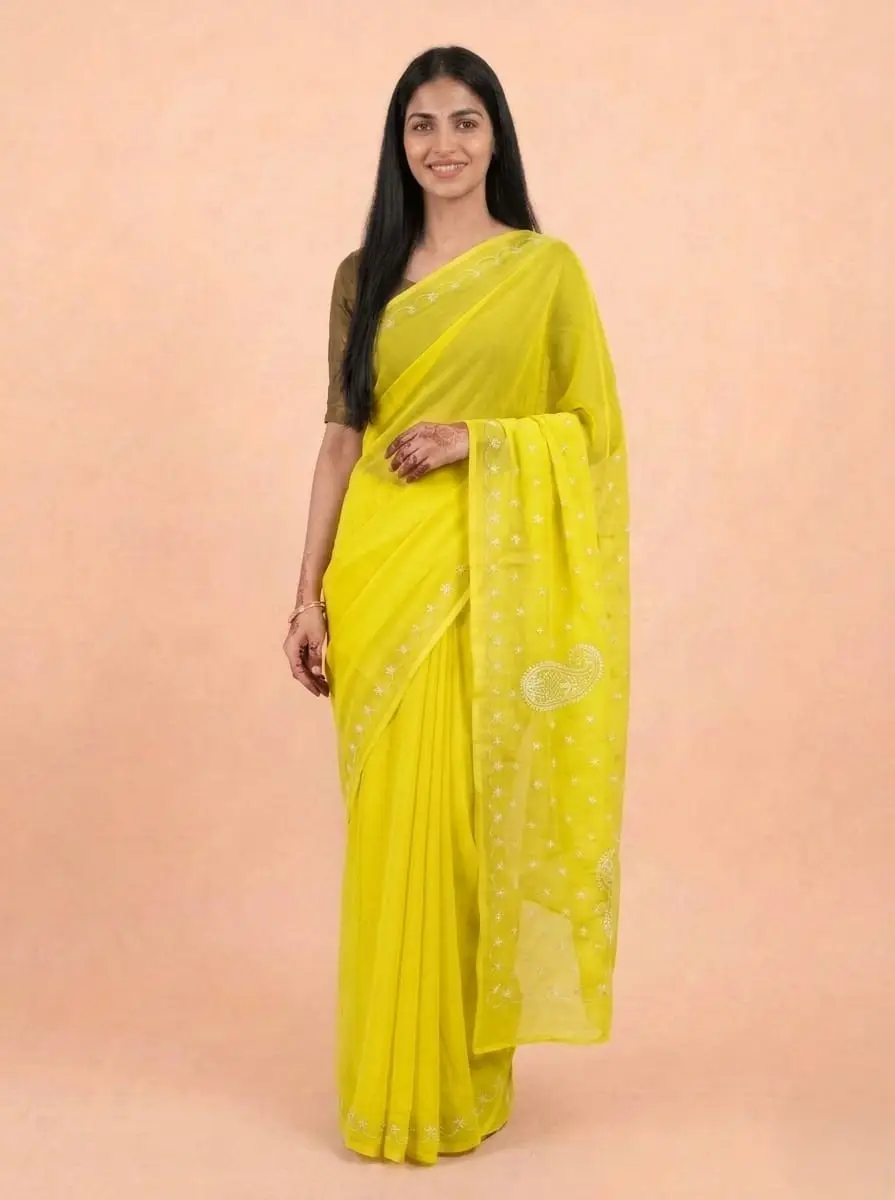 LCF Chikan Hand Embroidered Saree - Yellow view 2