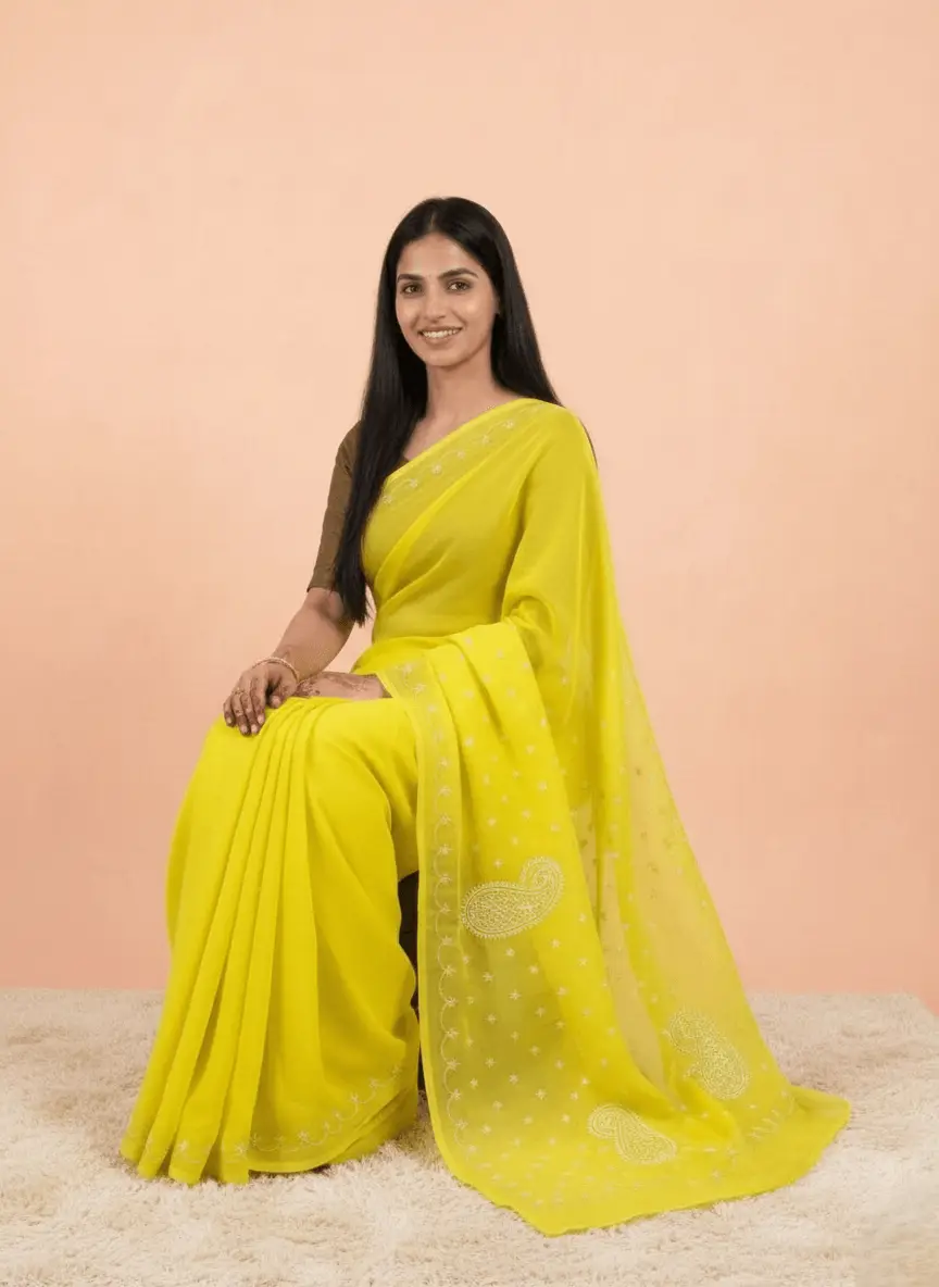 LCF Chikan Hand Embroidered Saree - Yellow view 3
