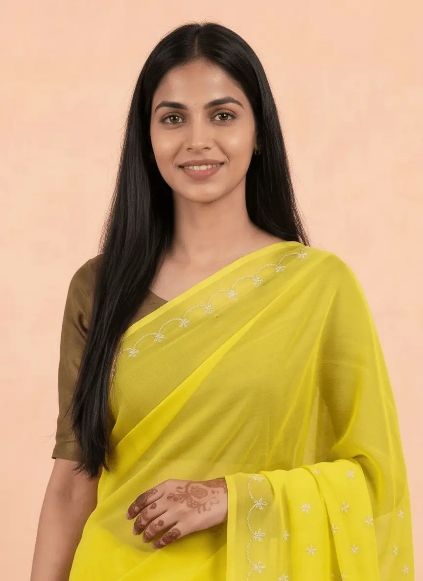 LCF Chikan Hand Embroidered Saree - Yellow view 4