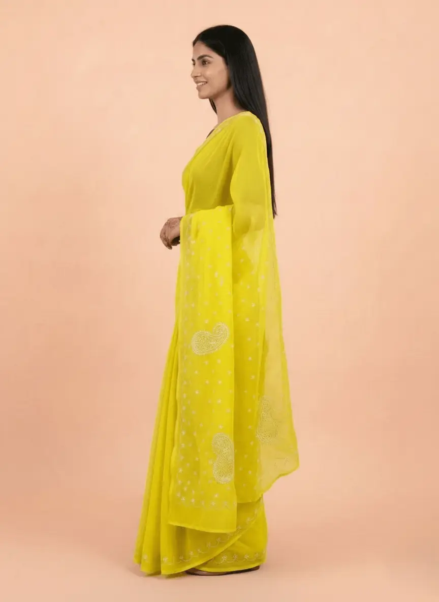 LCF Chikan Hand Embroidered Saree - Yellow view 5