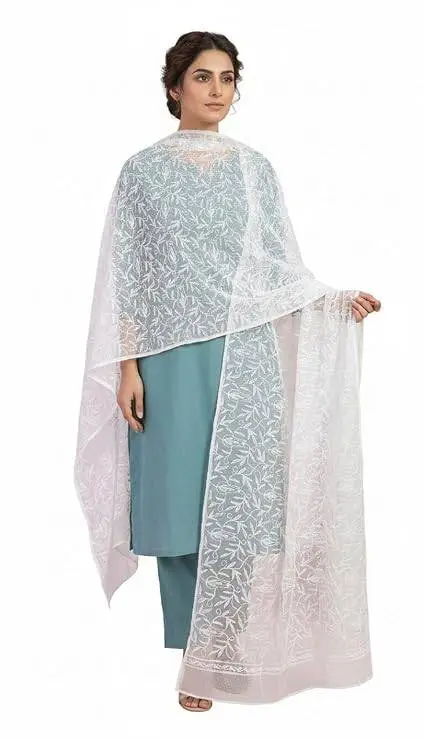 Elegant White Hand Embroidered Chikankari Dupatta – Lightweight Designer Ethnic Scarf