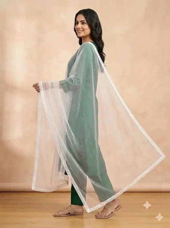 LCF White Chiffon Dupatta with Lace Border, 2.25 Mtrs | Plain Weave, Dyeable Fabric, Lace Trim Border, Lightweight, Women's Ethnic Wear view 3