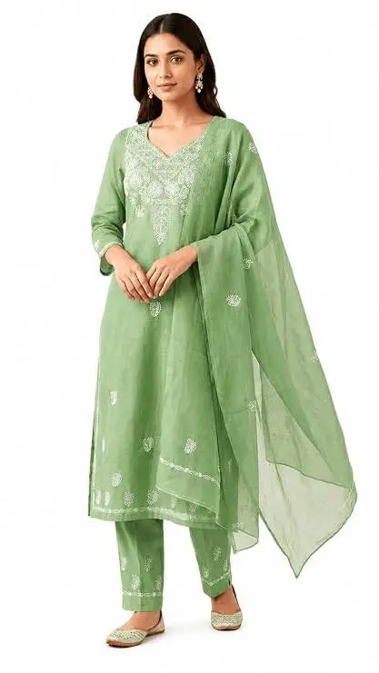 UNSTITCHED Voile Cotton Dress Material with Fanda Bkhiya Embroidery (KURTI, DUPATTA & BOTTOM)
