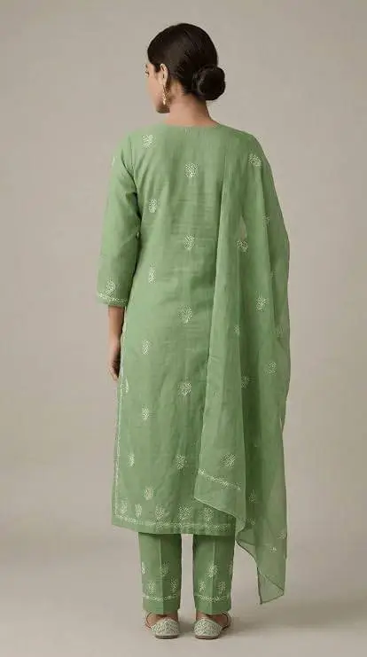 UNSTITCHED Voile Cotton Dress Material with Fanda Bkhiya Embroidery (KURTI, DUPATTA & BOTTOM) view 3