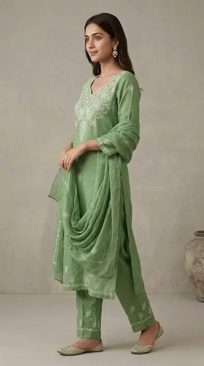 UNSTITCHED Voile Cotton Dress Material with Fanda Bkhiya Embroidery (KURTI, DUPATTA & BOTTOM) view 4
