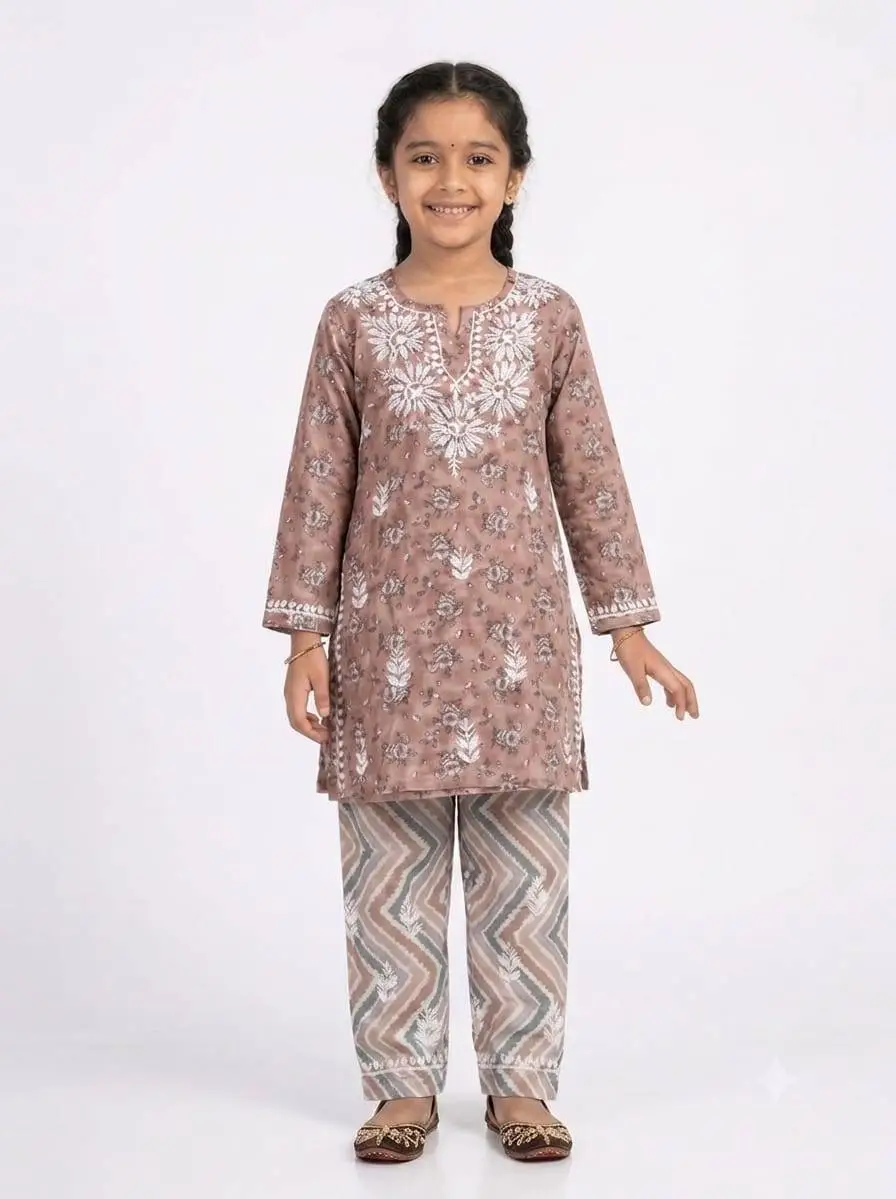 Kids chikankari set for girls - Dusty Pink | LCF Dreamy Needle Art