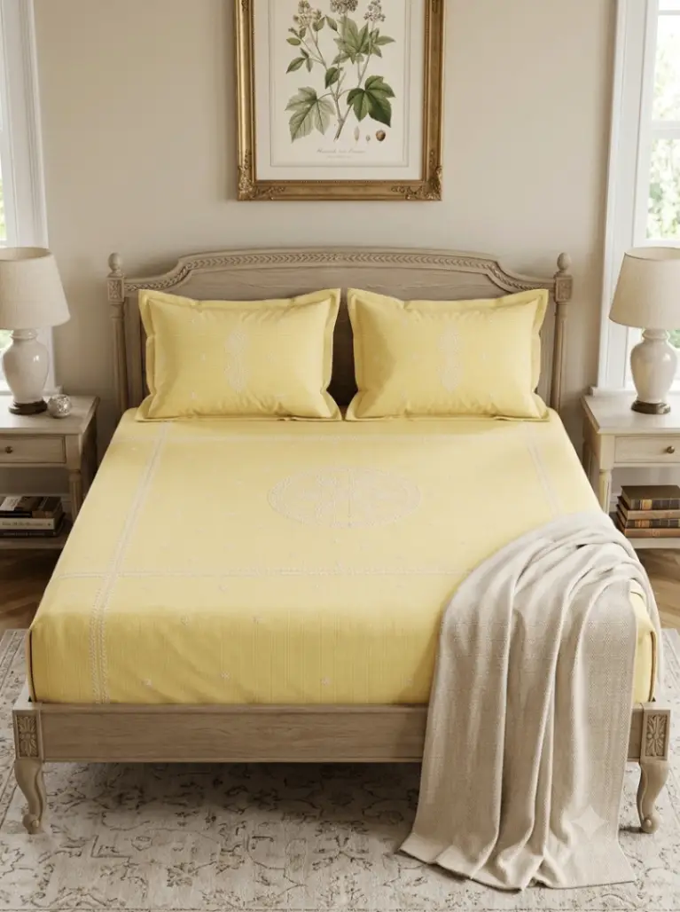 LCF CHIKAN EMBROIDERY STRAP COTTON BEDSHEET - LIGHT YELLOW