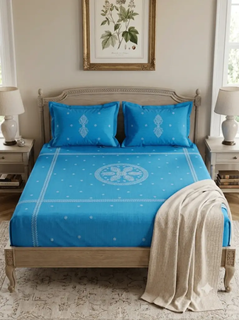 LCF CHIKAN EMBROIDERY STRAP COTTON BEDSHEET - BLU E