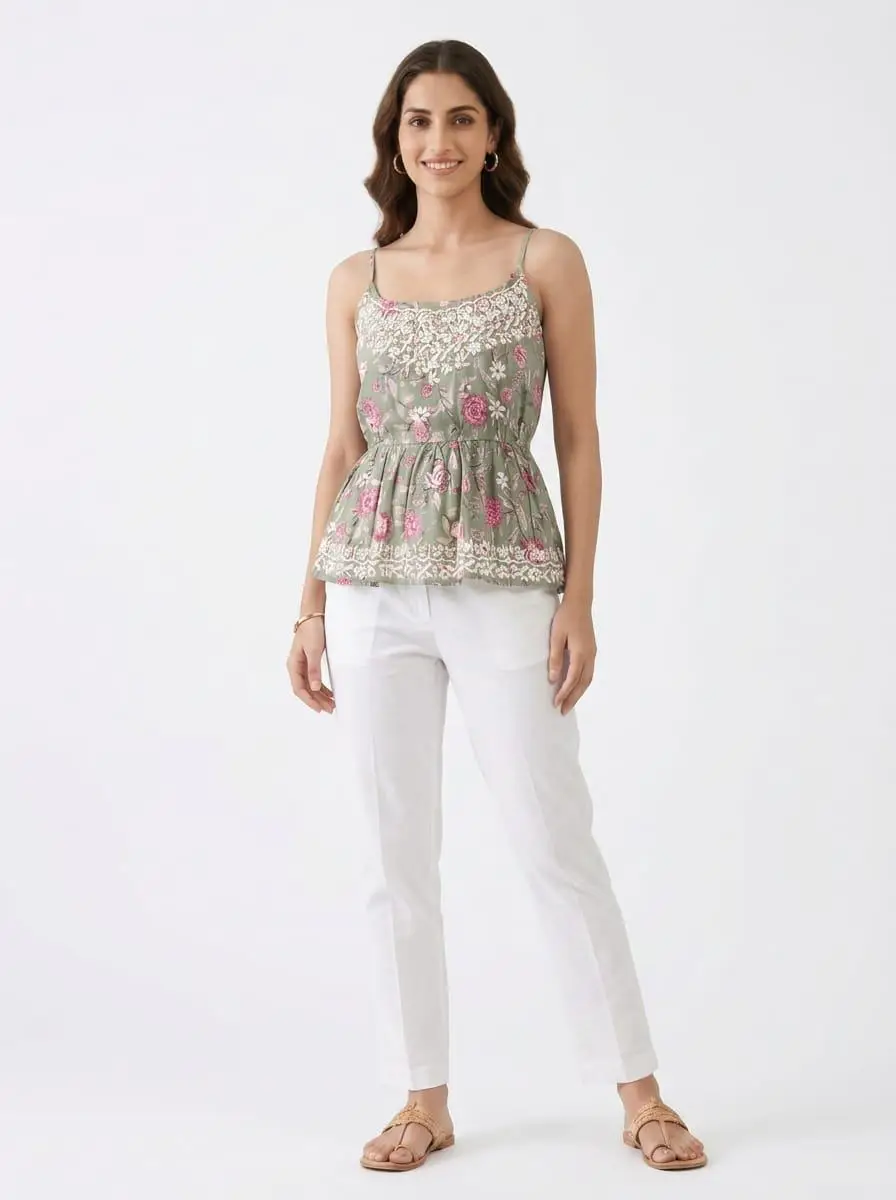 Chikankari Embroidered spaghetti crop Top - Grey