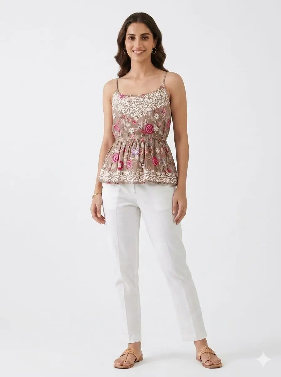 Chikankari Embroidered spaghetti crop Top - Dark Brown
