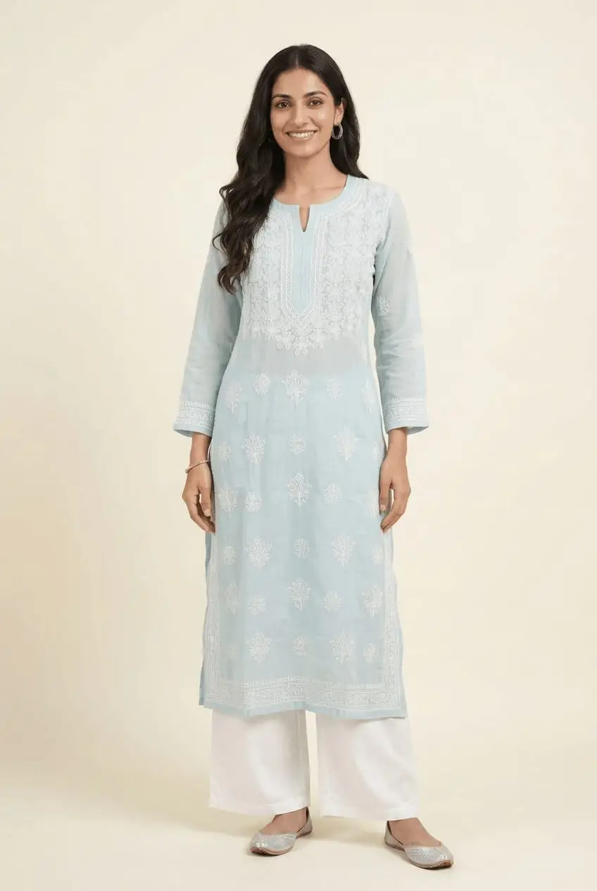 LCF women's voil cotton chikankari long kurti - sky Blue