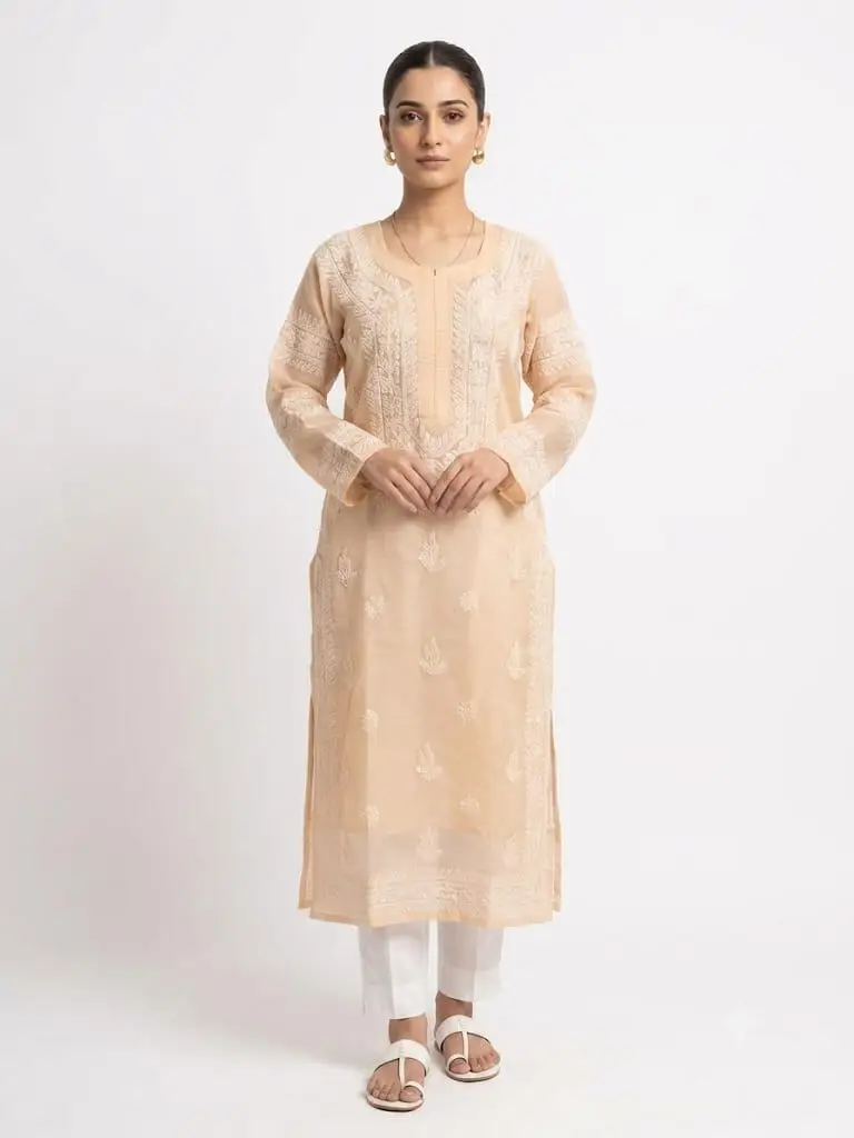 LCF women's voil cotton chikankari long kurti - Beige