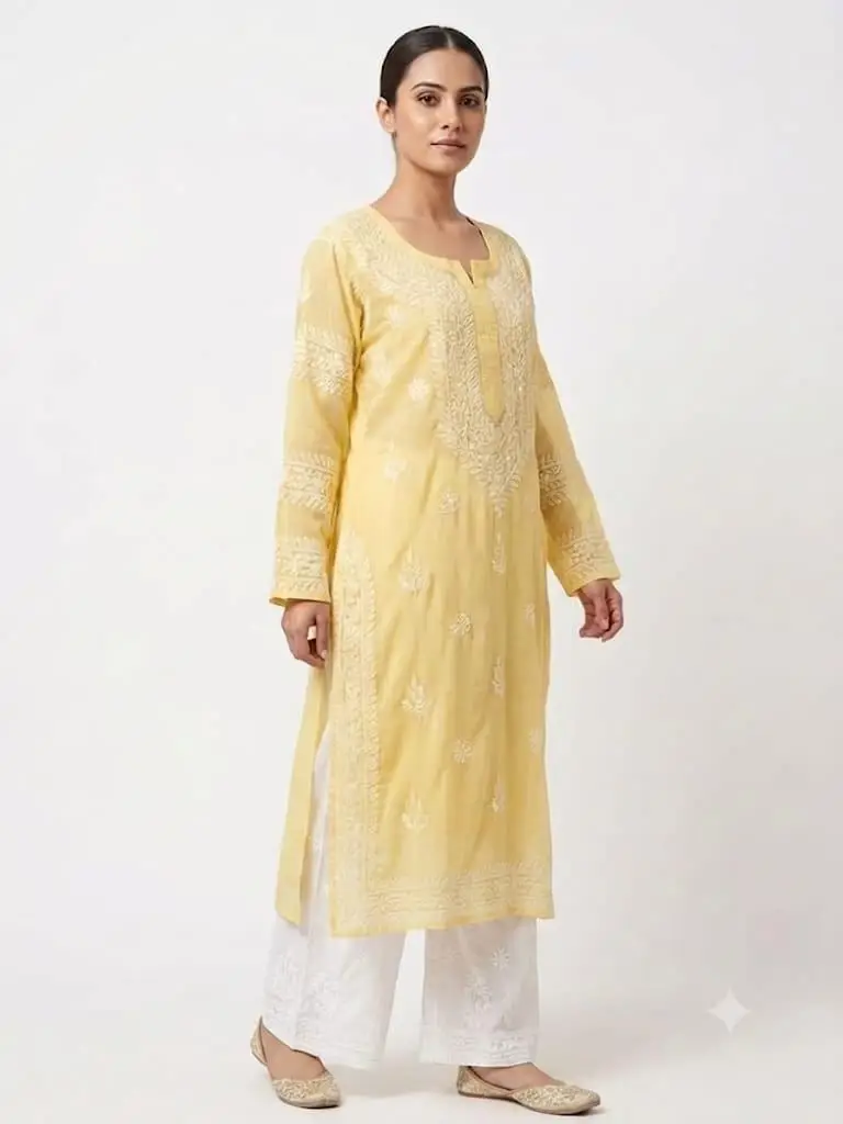 LCF women's voil cotton chikankari long kurti - Yellow
