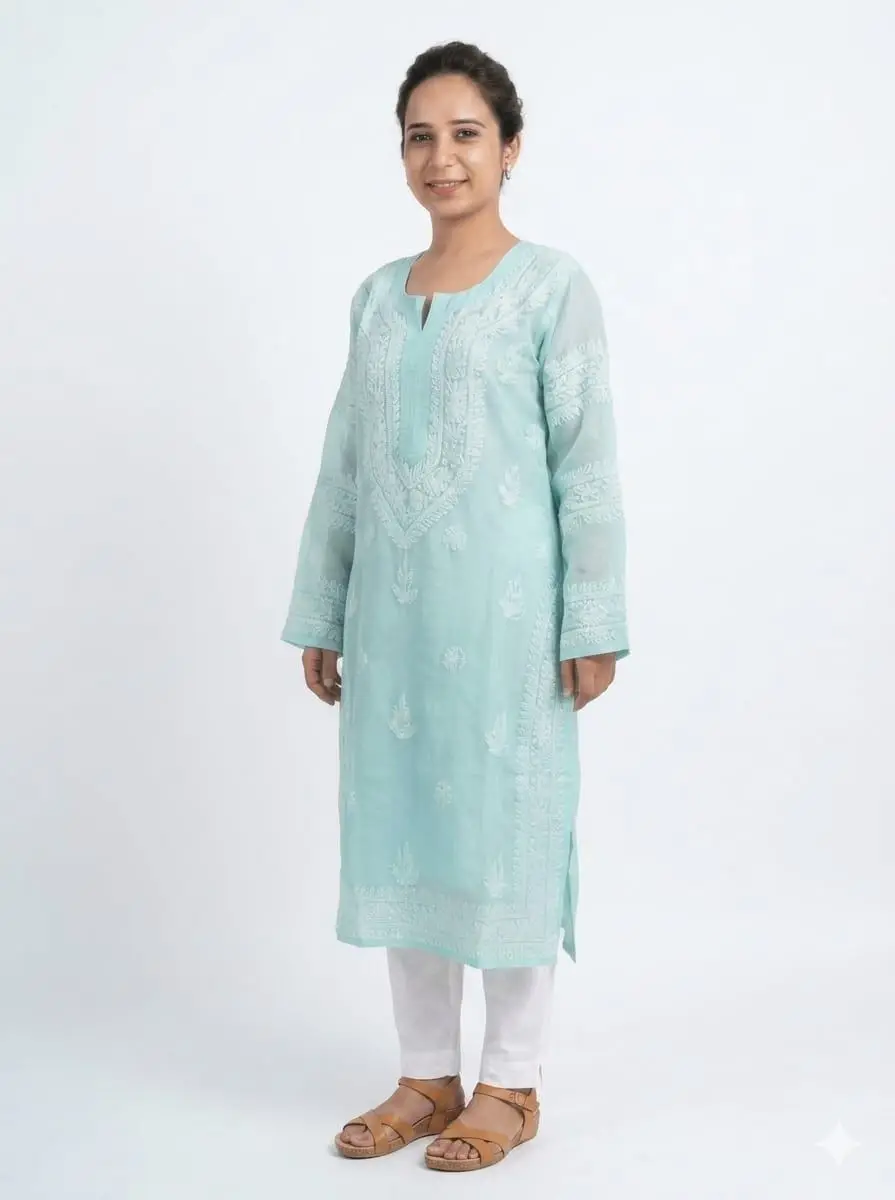 LCF women's voil cotton chikankari long kurti - Mint Green
