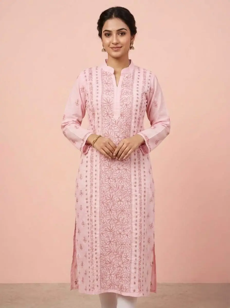 LCF Women's Voil Cotton Long Kurti With Coller -Pink