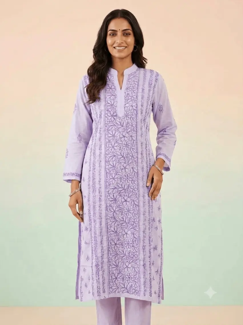 LCF Women's Voil Cotton Long Kurti With Coller -Purple