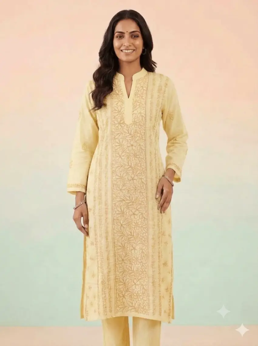 LCF Women's Voil Cotton Long Kurti With Coller -Yellow