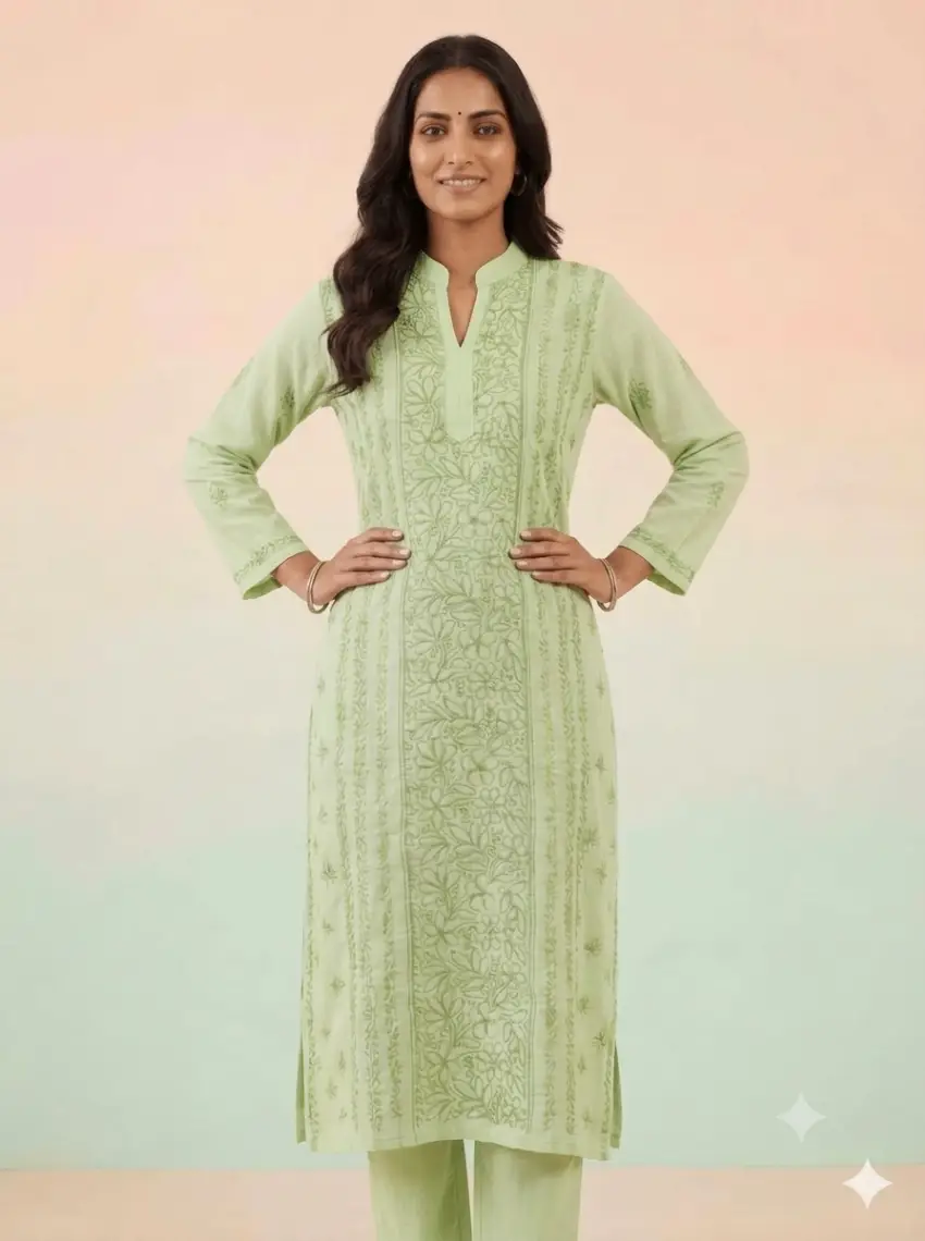 LCF Women's Voil Cotton Long Kurti With Coller -Parrot Green