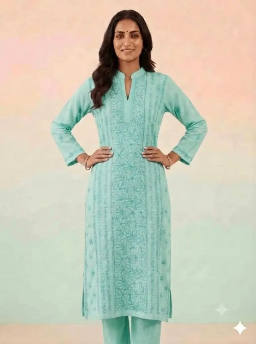 LCF Women's Voil Cotton Long Kurti With Coller -Mint Green